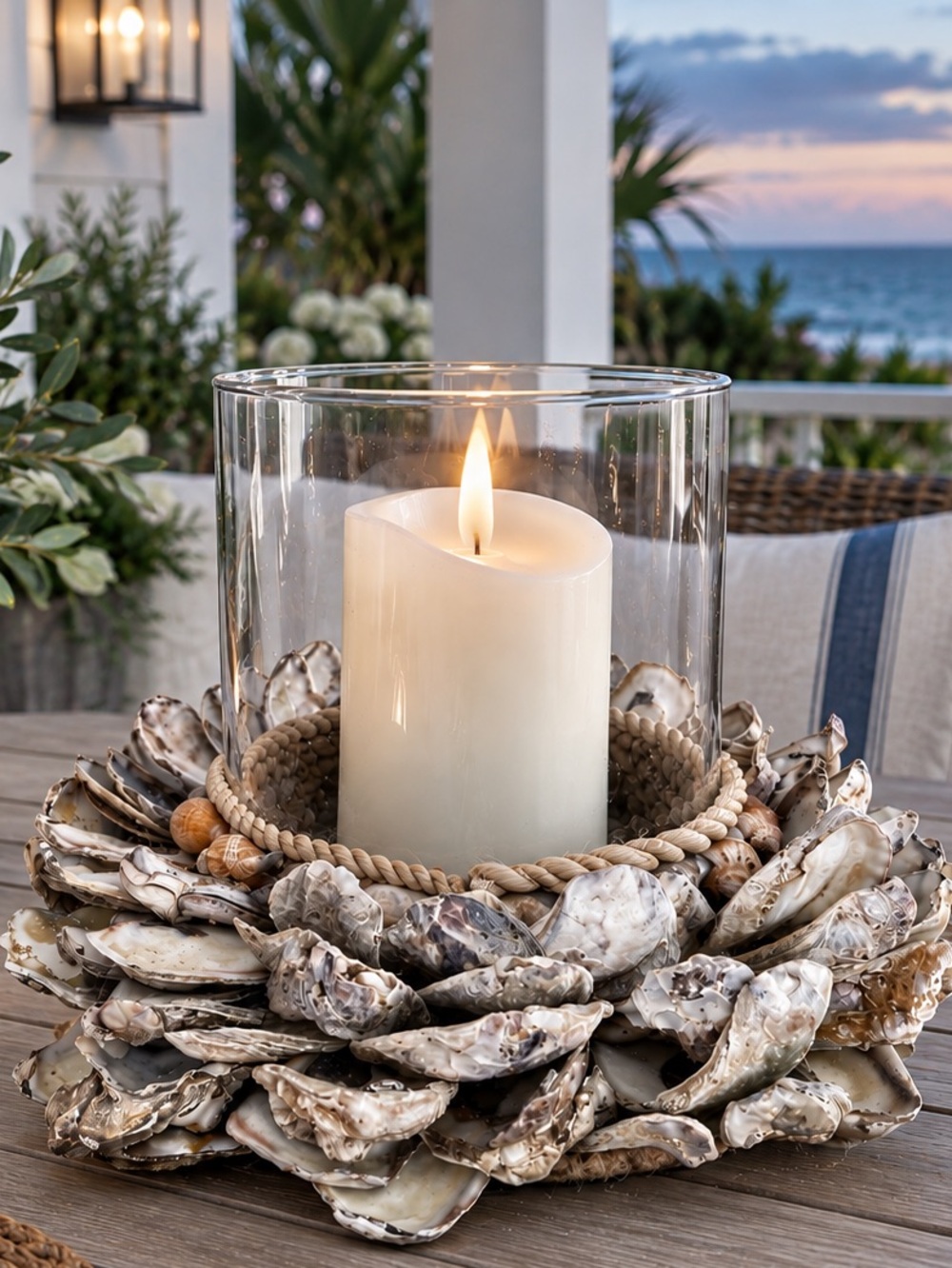 Beach-Style Oyster Shell Hurricane Candle Holder in White and Cream